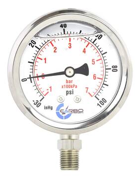L15-ssl-v100 Carbo Instruments 1-1/2 Inch Pressure Gauge Stainless Steel Case Chrome Plated