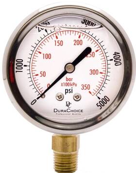 Pb254l-k05 Durachoice 2-1/2 Inch Pressure Gauge - Stainless Steel Case 1/4 Npt Lower Mnt. 0-5000psi
