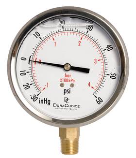 Pb403l-v60 Durachoice 4 Inch Oil Filled Vaccum Pressure Gauge Ss Case 3/8 Npt Lower Mount -30hg/60psi