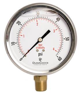 Pb405l-060 Durachoice 4 Inch Oil Filled Pressure Gauge Ss Case 1/2 Npt Lower Mount 0-60psi
