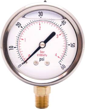Pbg254l-060 Durachoice 2-1/2 Inch Liquid Filled Pressure Gauge Brass 1/4 Npt Lower Mount 0-60 Psi