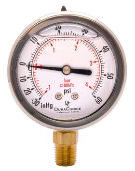 Pbg254l-v60 Durachoice 2-1/2 Inch Oil Filled Pressure Gauge Ss Face 1/4 Npt Lower Mount -30hg/60psi