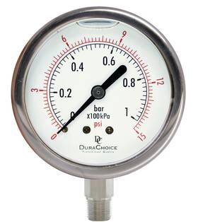 Ps403l-015 Durachoice 4 Inch Oil Filled Pressure Gauge All Ss 3/8 Npt Lower Mount 0-15psi