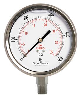 Ps403l-500 Durachoice 4 Inch Oil Filled Pressure Gauge All Ss 3/8 Npt Lower Mount 0-500psi