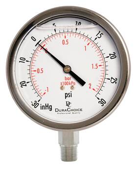 Ps403l-v15 Durachoice 4 Inch Oil Filled Pressure Gauge All Ss 3/8 Npt Lower Mount -30hg/15psi