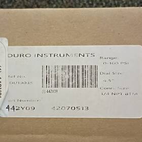 442y09 Duro Instruments Pressure Gauge 100 Psi 4.5 In Dial 1/4 Bottom Mount