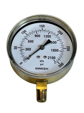 J8052j001 Marsh Bellofram Pressure Gauge Brass 3.5ftft Std Npt 1/4 0/300 Psi And Kpa