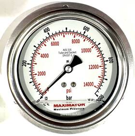 12126e91639601258800 Maximator High Pressure Gauge 1000 Bar/ 14000 Psi Glycerine 1.26 9/16 Inch 100mm