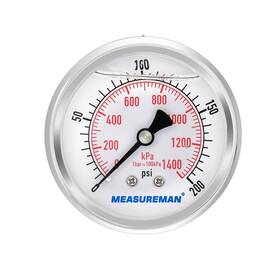 Measureman 727196927262 2-1/2inch Dial Size Glycerin Filled Pressure Gauge 0-200psi/kpa 304 Stainless