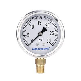 Measureman 727196927316 2-1/2inch Dial Size Glycerin Filled Plumbing Pressure Gauge 0-30psi Stainl