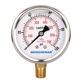 Measureman 744759448590 Lead-free Pressure Gauge 2-1/2inch Dial Glycerin Filled 0-100psi/k
