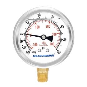 Ma214 Measureman Pressure Gauge 30inhg-60psi 1/4 Inch Npt Glycerin Filled 2-1/2 Dial Lower Mount