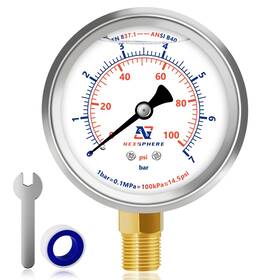 Ns001 Nexsphere 100 Psi Liquid Filled Pressure Gauge 1/4 Npt Lower Mount 2.5 Inch Dial 304 Sta