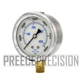 G-25-6000lfss Preece Precision Liquid Filled Lower Mount Pressure Gauge With 2.5 Inch Dial 0-6000psi 1/4 Male Npt
