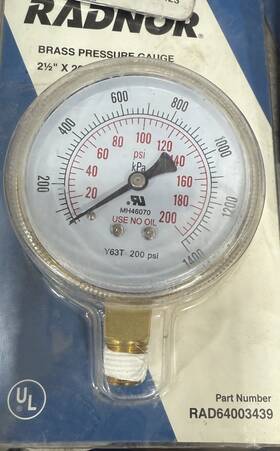 Rad64003439 Radnor 64003439 Brass Pressure Gauge Replacement 2-1/2 Inch X 1400 Psi Part #