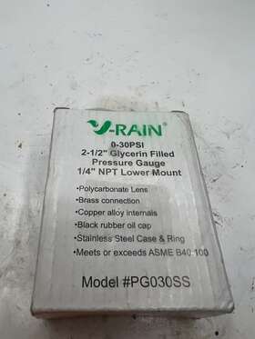 Pg030ss Rain Qty 1 V-rain Pressure Gauge 0-30 Psi Glycerin Filled 2-1/2 Inch 1/4 Npt