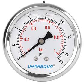 Uharbour 613965828154 Glycerin Filled Low Pressure Gauge 15psi/1bar Stainless Steel Case Brass Insi