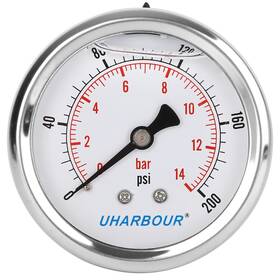 Uharbour 613965828215 Glycerin Filled Pressure Gauge 200psi/14bar Stainless Steel Case Brass Inside
