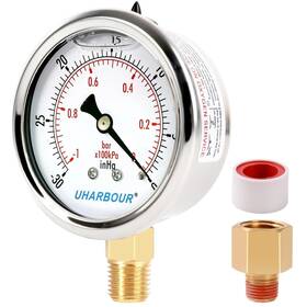 Uharbour 795890825528 Glycerin Filled Vacuum Pressure Gauge 2-1/2 Clear Dial 1/4 Npt Bottom Stainless