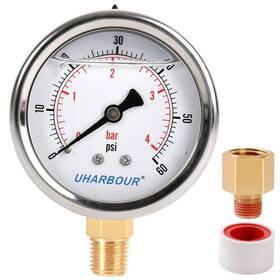Uharbour 795890825535 Glycerin Filled Low Pressure Gauge 60psi/4bar Stainless Steel Case Brass Insi