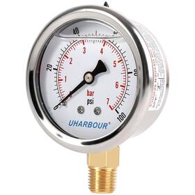 Uharbour 795890825801 Glycerin Filled Pressure Gauge 100psi/7bar Stainless Steel Case Brass Inside Con