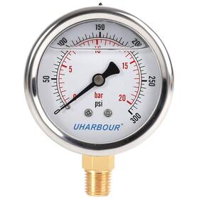 Uharbour 795890825832 Glycerin Filled Pressure Gauge 300psi/20bar Stainless Steel Case Brass Insi