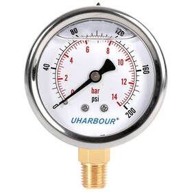 Gdd009 Uharbour Glycerin Filled Pressure Gauge 200psi/14bar Stainless Steel Case Brass Insi Gdd009 Uharbour Glycerin Filled Pressure Gauge 200psi/14bar Stainless Steel Case Brass Insi