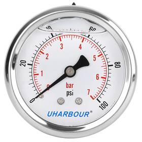 Gdd022 Uharbour Glycerin Filled Pressure Gauge 100psi/7bar Stainless Steel Case Brass Inside