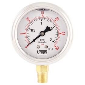 P251 Unijin 647016849898 Series 2.5 Inch Dial Oil Filled Pressure Gauge With Brass Internals 0-30 Psi/kp