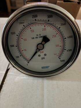 50566571 Wika 4 Inch Liquid Filled Gauge 0-5000 Psi Type 233.54 1/2 Stainless Back Connect