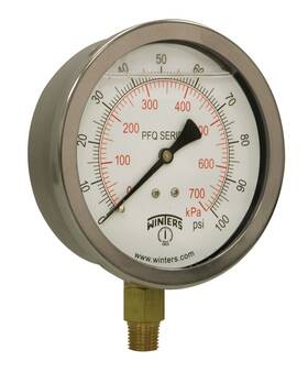 Pfq711 Winters 4 Inch Dial Size Liquid Filled Industrial Pressure Gauge Brass Internals