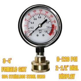 Yzm 445014221240 Stainless Steel 304 Liquid Filled Water Pressure Test Gauge 0-220psi 3/4 Inch F Ght