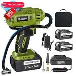 Portable Air Compressor For Car Tires With 2X4000MAH 21V Batteries, Green. Fixed Price $82.99.