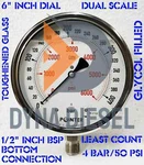 Pressure Gauge: Glycerin Filled, Dual Scale 0-400 Bar & 0-6000 Psi, 150 Mm Dial. Fixed Price $99.99.
